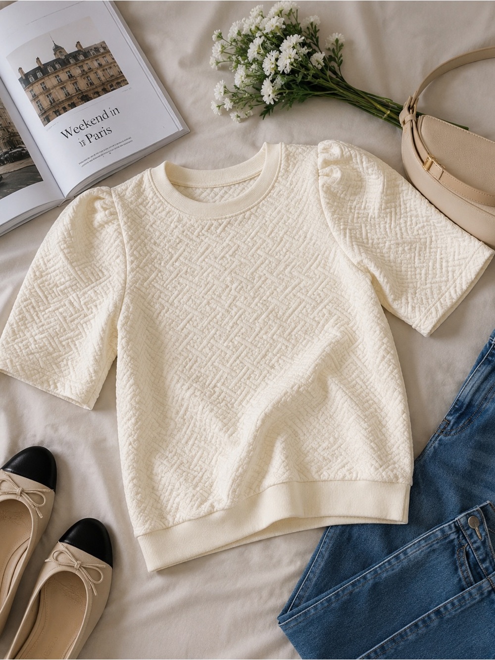 Women’s Ivory Textured Puff Sleeve Knit Top Size S Romantic Cottagecore Blouse